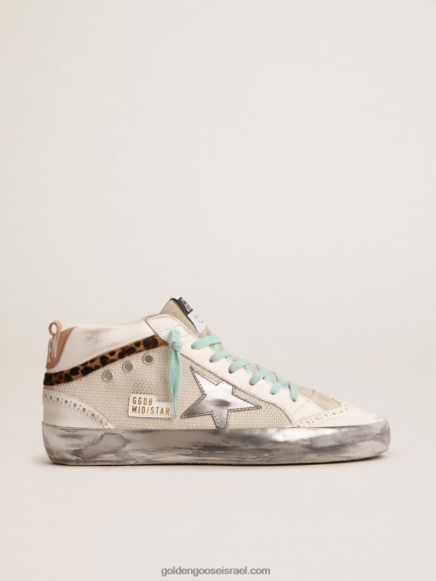 נשים Golden Goose נעלי סניקרס באמצע כוכב עם לשונית עקב עור מתכתי כסוף ופלאש פוני בהדפס נמר 246D2456