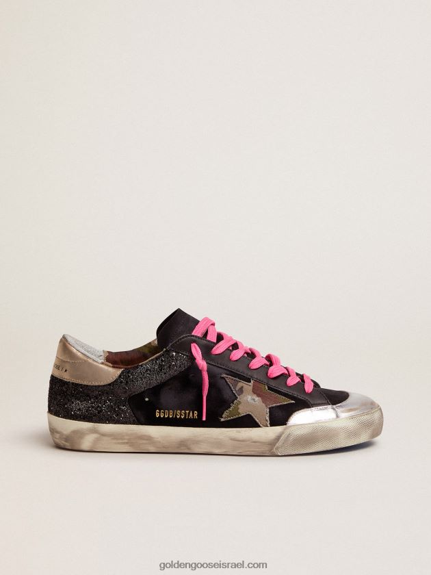 גברים Golden Goose נעלי סניקרס כוכבי על בניצוחים שחורים וזמש עם כוכב בד הסוואה 246D24564