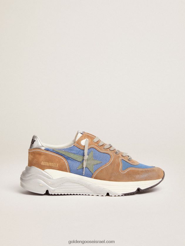 גברים Golden Goose סניקרס עם סוליית ריצה ברשת תכלת עם תוספות זמש בצבע טבק וכוכב זמש ירוק צבאי 246D24572