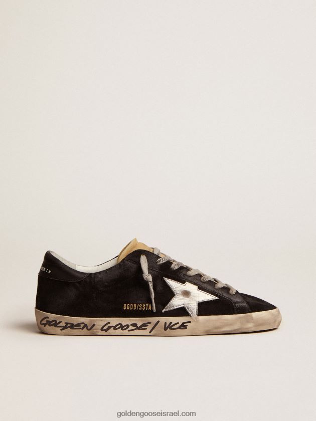 גברים Golden Goose נעלי ספורט סופר-סטאר בזמש שחור עם כוכב למינציה מעור כסוף 246D24574
