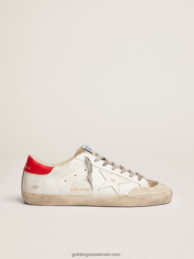 גברים Golden Goose נעלי ספורט סופר-סטאר עם לשונית עקב עור אדומה ובטנת שרלינג 246D24591