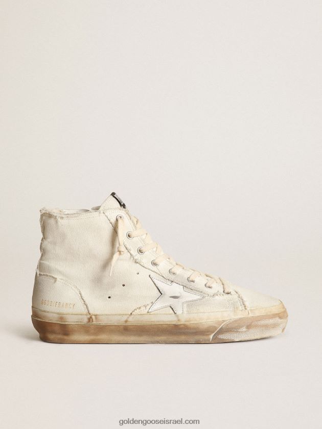 גברים Golden Goose סניקרס פרנסי בבד שנהב עם כוכב עור לבן 246D24614
