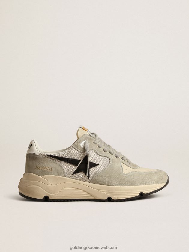 גברים Golden Goose סוליית ריצה בזמש אפור קרח ורשת עם כוכב עור שחור 246D24618