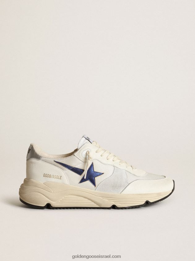 גברים Golden Goose סוליית ריצה מרשת לבנה ועור נאפה עם כוכב כחול 246D24653