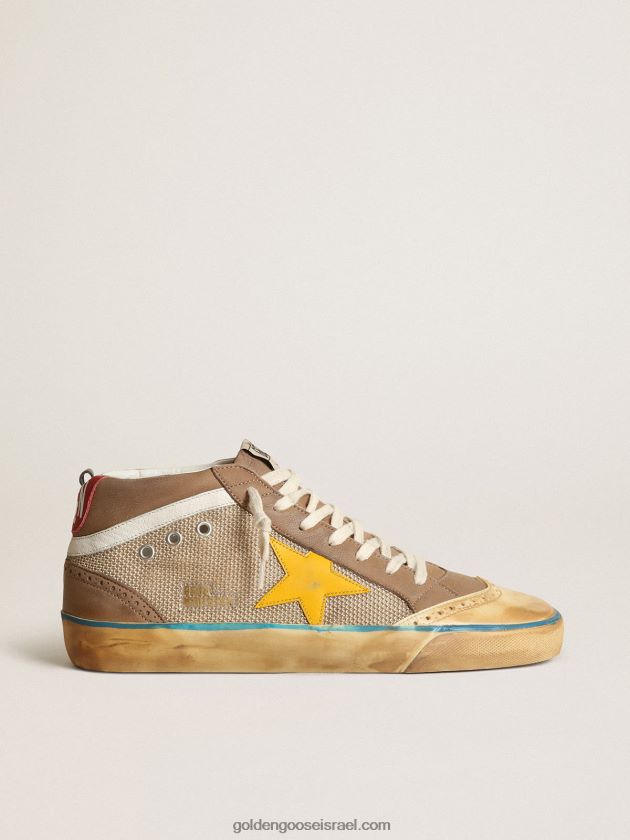 גברים Golden Goose נעלי סניקרס באמצע כוכב ברשת בז' ונובוק אפור יונה עם כוכב עור צהוב 246D24657