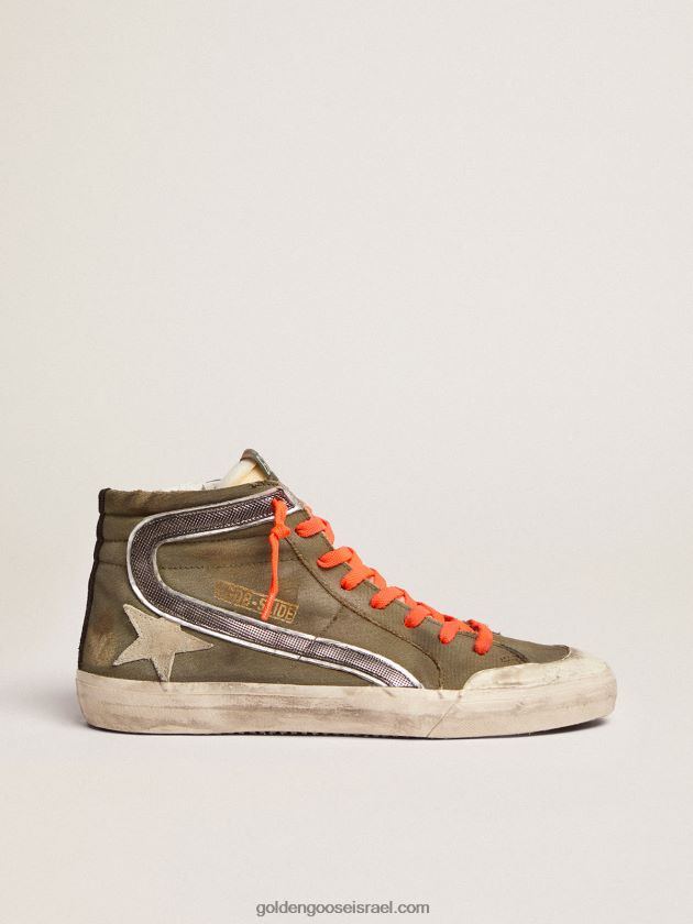 גברים Golden Goose שקופיות פנסטאר בבד ירוק צבאי עם כוכב בצבע קרח 246D24662
