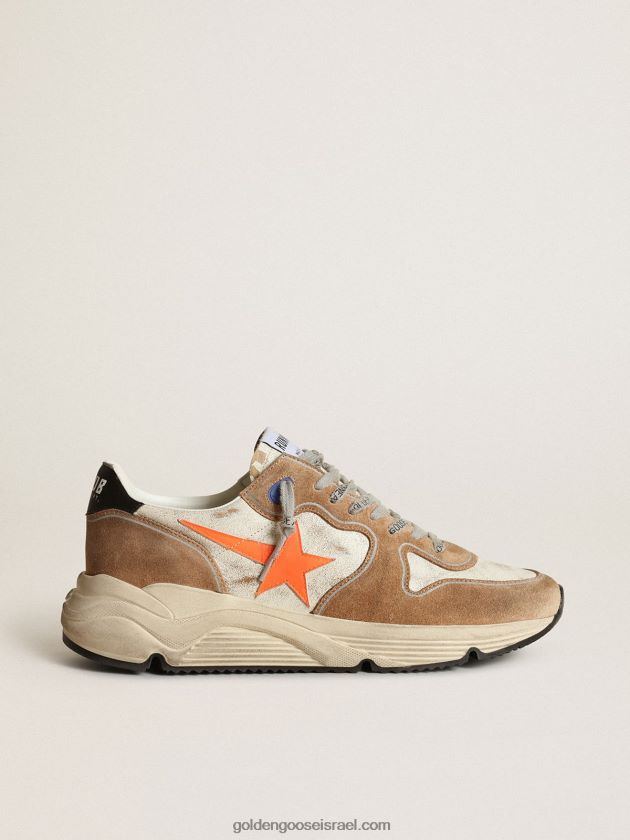 גברים Golden Goose סניקרס ריצה סול בע"מ מעור לבן מבריק וזמש בצבע טבק עם כוכב עור כתום ניאון 246D24678