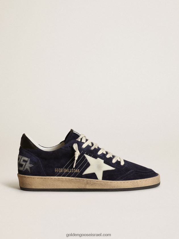 גברים Golden Goose נעלי ספורט כוכבי כדור בזמש כחול כהה עם כוכב נובוק בצבע אוף-ווייט ולפת עקב מעור נאפה שחור 246D24679