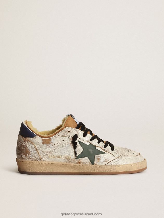 גברים Golden Goose נעלי ספורט כוכבי כדור מעור לבן מבריק עם כוכב עור ירוק כהה ובטנת שרלינג 246D24684