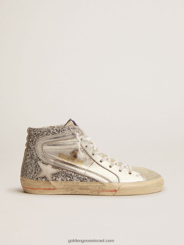 נשים Golden Goose נעלי סניקרס עם חלק עליון מעור למינציה ונצנצים כסופים 246D2469