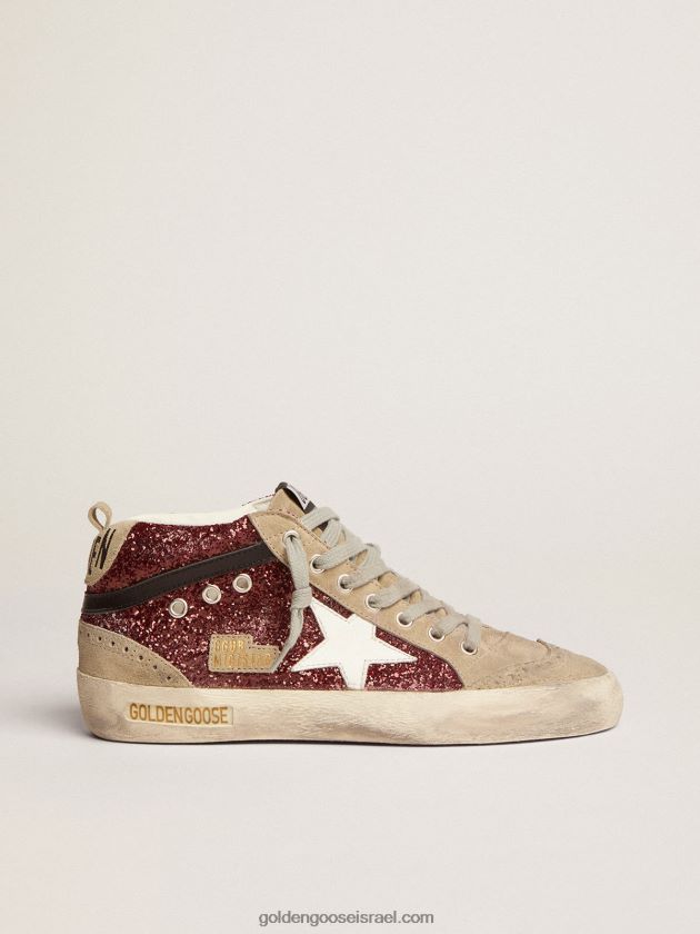 נשים Golden Goose סניקרס באמצע כוכב בגליטר בורדו עם תוספות אפור יונה וכוכב לבן 246D2474