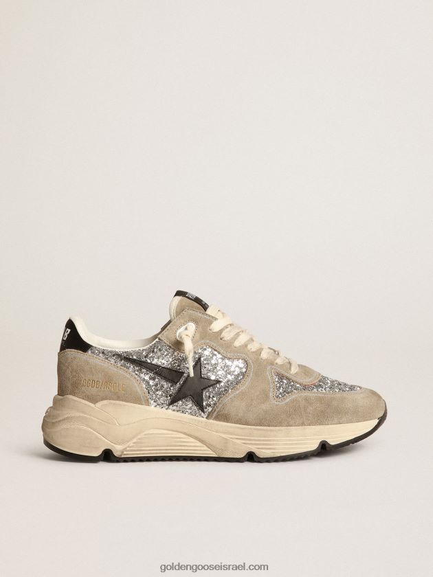 נשים Golden Goose נעלי ריצה עם סוליית ריצה בגליטר כסוף וזמש אפור יונה עם כוכב עור שחור 246D2482