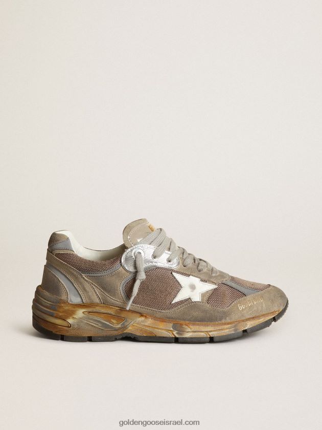 נשים Golden Goose נעלי ספורט של כוכב אבא ברשת אפור יונה וזמש עם כוכב עור לבן 246D2483