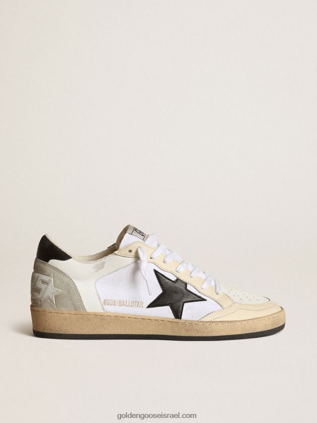 נשים Golden Goose סניקרס כוכבי כדור בצבעי קנבס ועור לבנים עם תוספות עור שנהב וכוכב עור נאפה שחור 246D2484