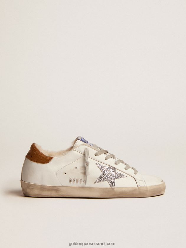 נשים Golden Goose נעלי ספורט כוכב-על עם בטנת שרלינג כוכב נצנצים כסף ולפת עקב עור אפור בהדפס לטאה 246D2486