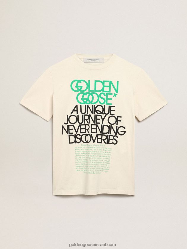 נשים Golden Goose חולצת טי קולקציית מסע לבנה עצם עם כיתוב שחור וירוק עז בחזית 246D24993