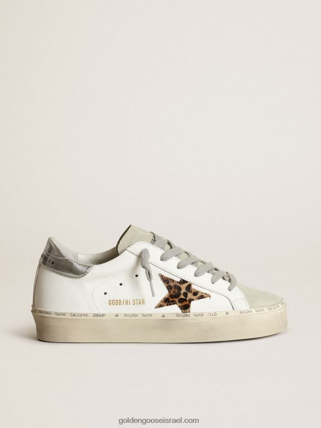 נשים Golden Goose נעלי סניקרס hi star עם כוכב פוני בהדפס נמר ולפת עקב עור מתכתי כסוף 246D24253