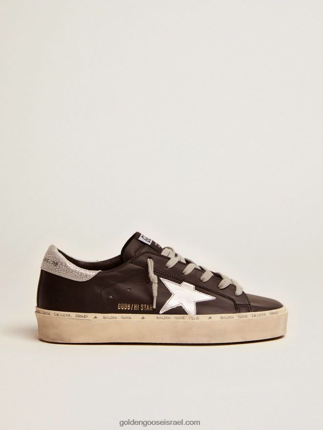 נשים Golden Goose נעלי ספורט hi star מעור שחור עם כוכב עור כסוף 246D2480