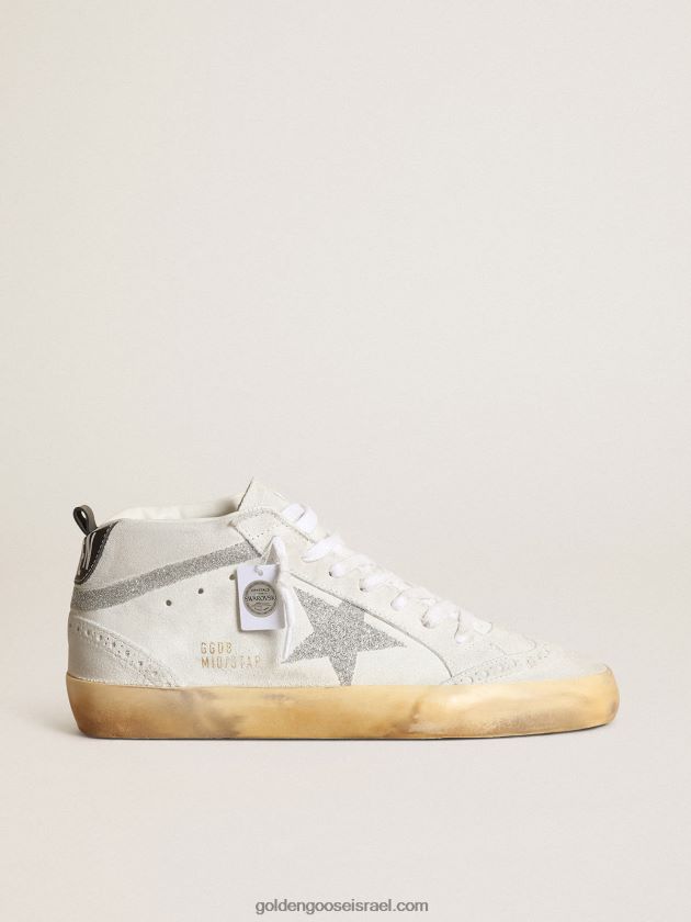 נשים Golden Goose סניקרס mid star מזמש לבן עם כוכב ופלאש במיקרו קריסטלים של סברובסקי בצבע כסף 246D2437