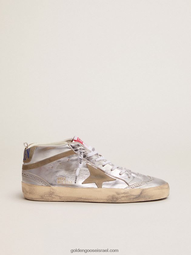 נשים Golden Goose סניקרס mid star מעור מטאלי כסוף עם כוכב ופלאש בזמש אפור יונה 246D2485