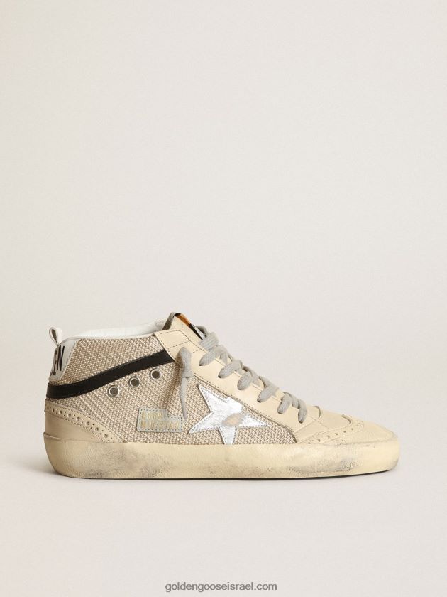 נשים Golden Goose נעלי ספורט mid star ltd ברשת בצבע שמנת עם כוכב עור מטאלי כסוף ופלאש עור שחור 246D2414