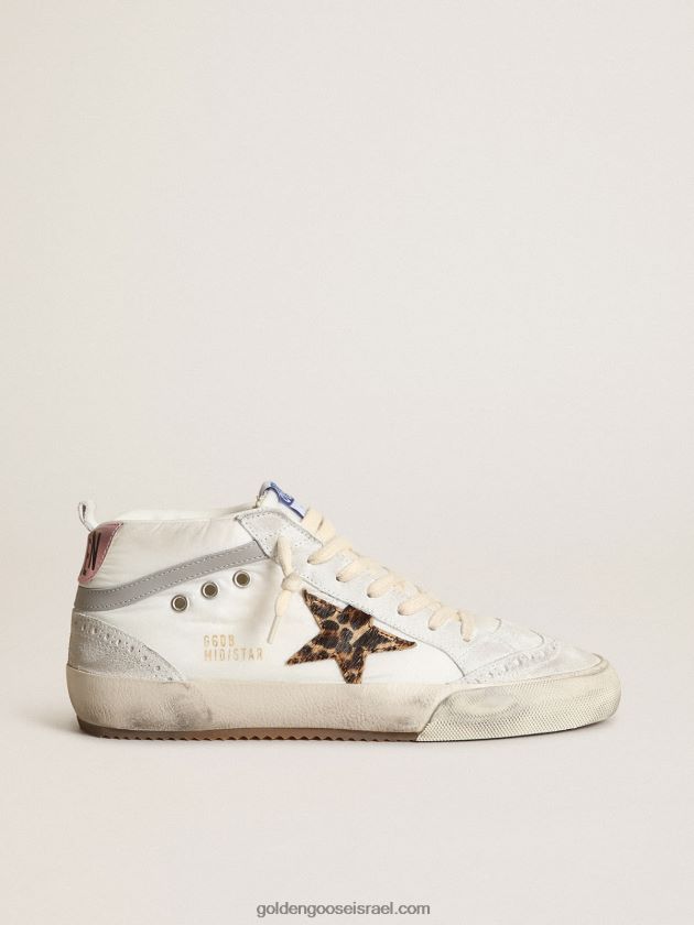 נשים Golden Goose נעלי ספורט mid star ltd בניילון לבן עם כוכב פוני בהדפס נמר ולפת עקב עור מתכתי ורוד 246D2417