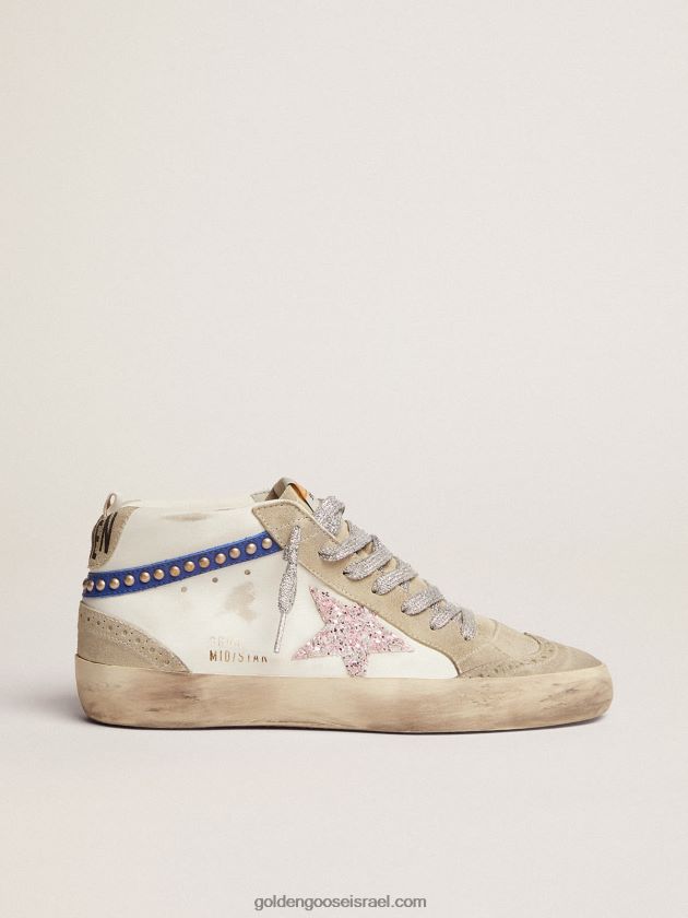נשים Golden Goose נעלי ספורט mid star ltd עם כוכבי נצנצים לבנים וורודים ופלאש עור כחול עם ניטים בצבע זהב 246D2477