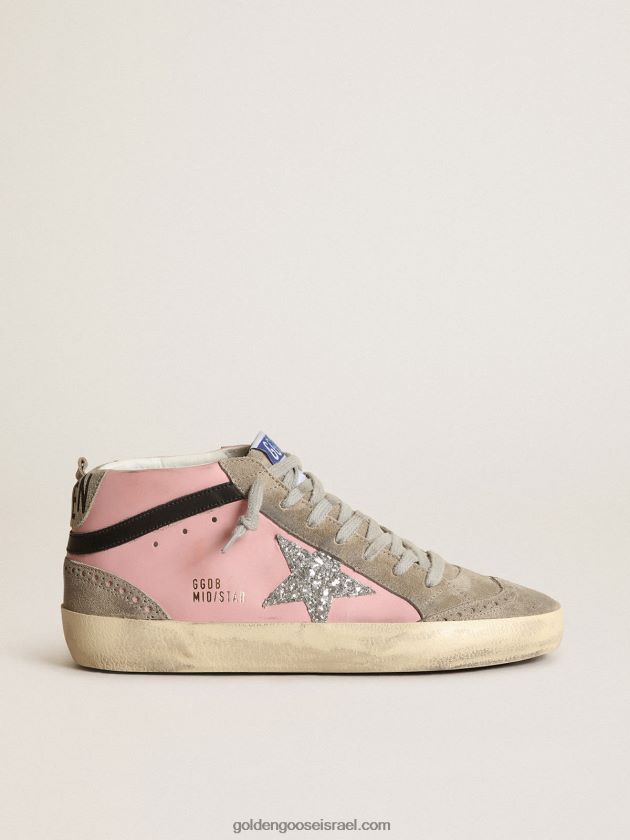 נשים Golden Goose נעלי ספורט mid star ltd מעור ורוד עם כוכב נצנצים כסופים ופלאש עור שחור 246D2481
