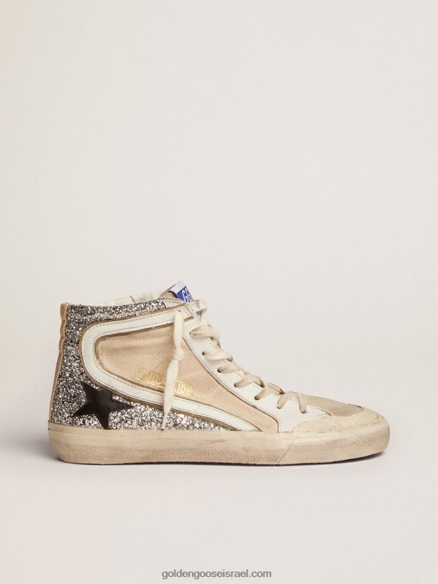 נשים Golden Goose נעלי ספורט שקופיות של penstar בקנבס בצבע שמנת וניצנצים כסופים עם כוכב עור שחור 246D24276