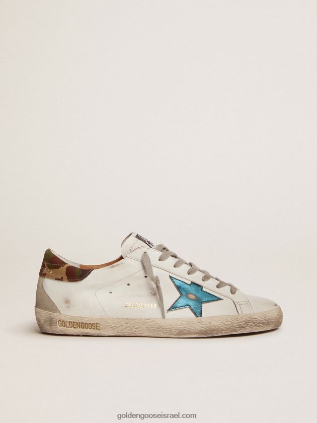 גברים Golden Goose נעלי ספורט סופר-סטאר עם כוכב עור מתכתי כחול בנזין ולשונית עקב מבד ripstop הסוואה 246D24676
