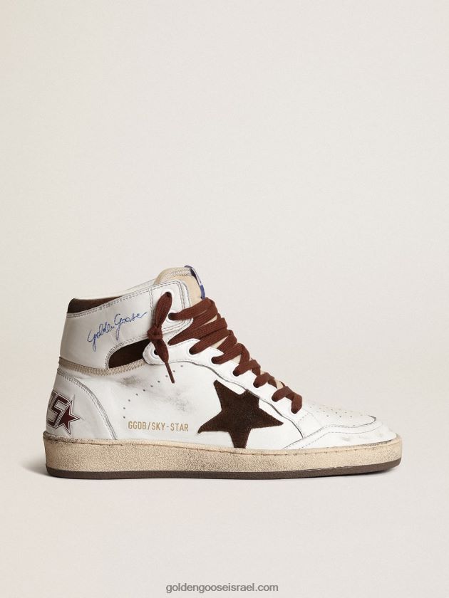 נשים Golden Goose sky-star מעור נאפה לבן עם כוכב זמש שוקולד 246D24156