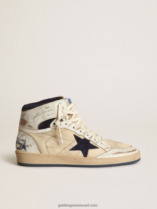 גברים Golden Goose סניקרס sky-star בניילון בצבע שמנת ועור לבן עם כוכב זמש כחול כהה 246D24519