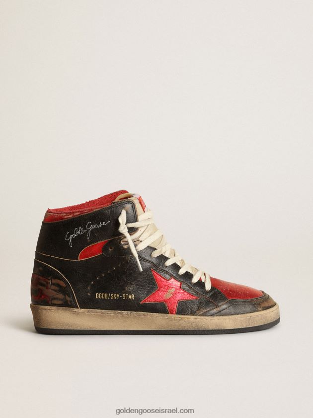 גברים Golden Goose סניקרס sky-star מעור שחור מבריק עם כוכב עור מטאלי אדום 246D24539