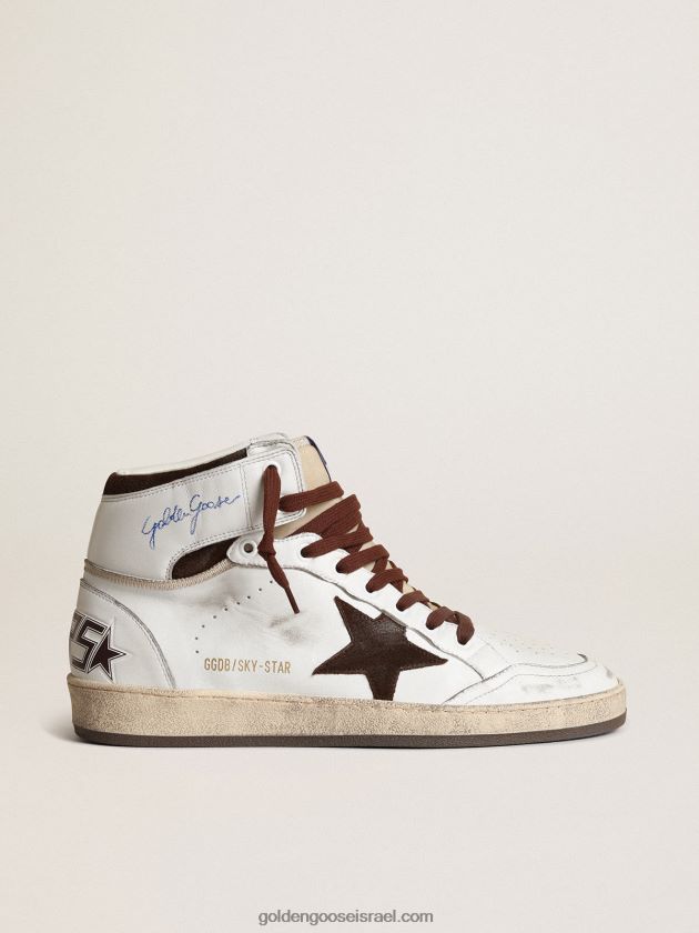 גברים Golden Goose sky-star מעור נאפה לבן עם כוכב זמש שוקולד 246D24661