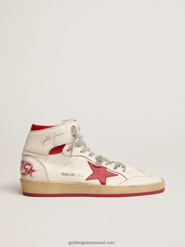 נשים Golden Goose סניקרס sky-star מעור נאפה לבן עם כוכב עור אדום ולשונית עקב 246D249