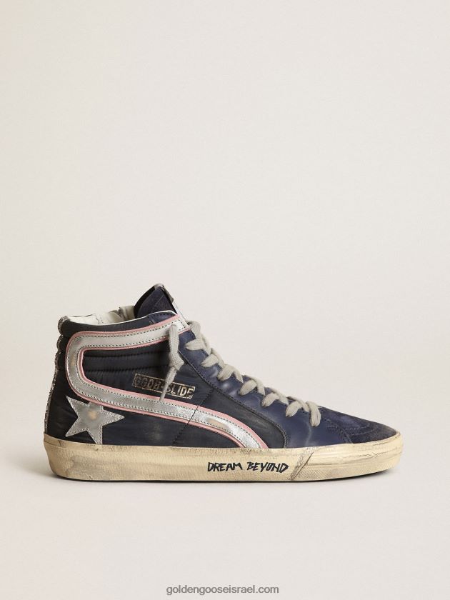 נשים Golden Goose נעלי ספורט slide ltd בניילון כחול עם כוכב ופלאש עור מטאלי כסף 246D24269