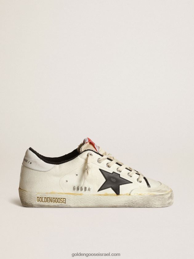 גברים Golden Goose נעלי ספורט של super-star ltd בקנבס בז' עם כוכב עור שחור ולשונית עקב עור לבן 246D24576