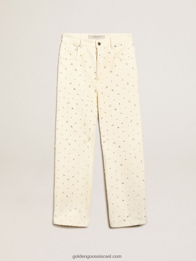 נשים Golden Goose travel collection קים ג'ינס בכותנה אוף-וויט עם דוגמאות יהלומים ותוספת של חרוזים וקריסטלים 246D24948