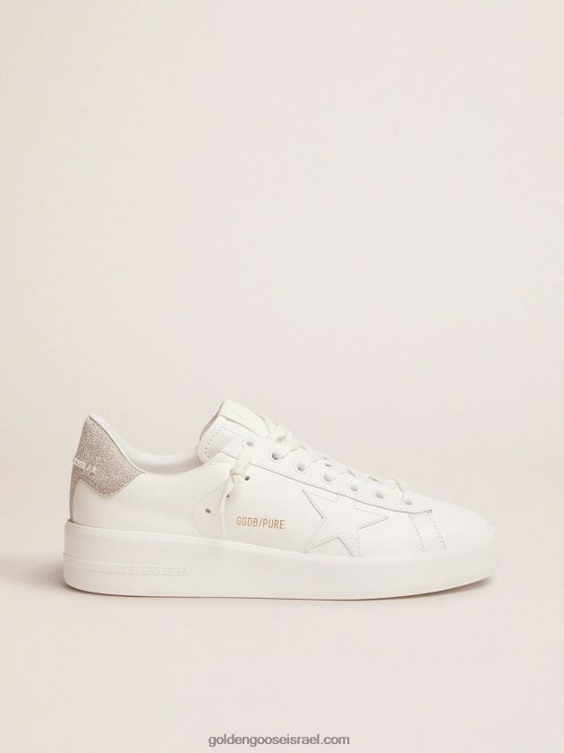 נשים Golden Goose נעלי ספורט purestar מעור לבן עם לשונית עקב גליטר שמפניה 246D24106