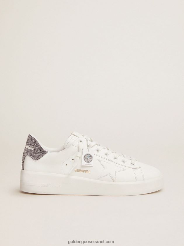 נשים Golden Goose נעלי ספורט purestar מעור לבן עם לשונית עקב סברובסקי קריסטל כסופה 246D24130
