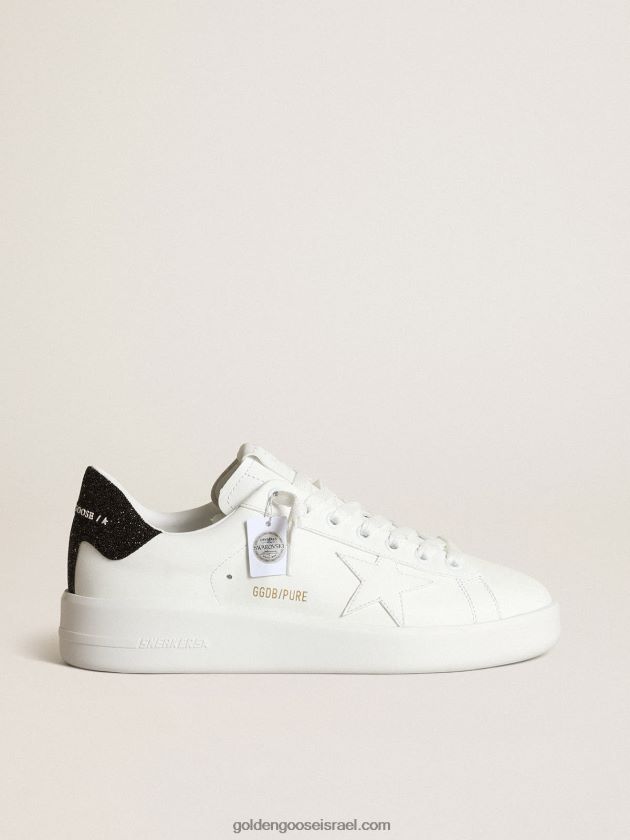 נשים Golden Goose נעלי ספורט purestar מעור לבן עם כוכב טון על טון ולשונית עקב בקריסטלים שחורים של סברובסקי 246D24204