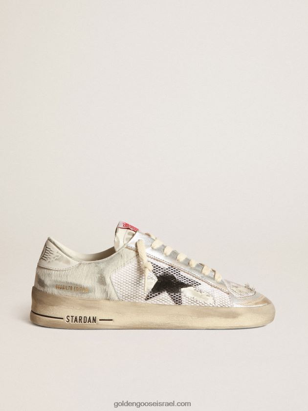 נשים Golden Goose סניקרס מעבדה stardan בעור פוני לבן ועור עם כוכב זמש שחור 246D24252