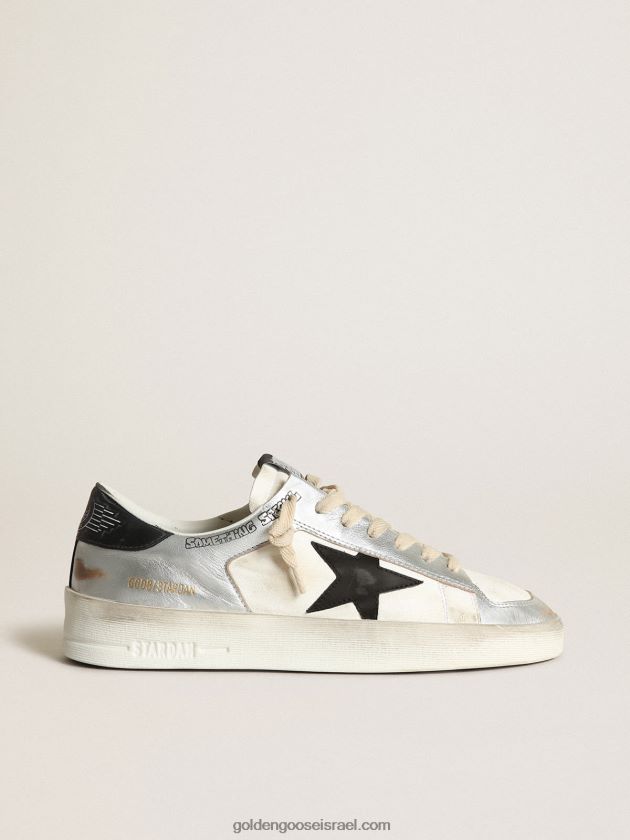 נשים Golden Goose סניקרס stardan מעור למינציה כסוף עם תוספות עור נאפה לבן וכוכב עור שחור 246D24256