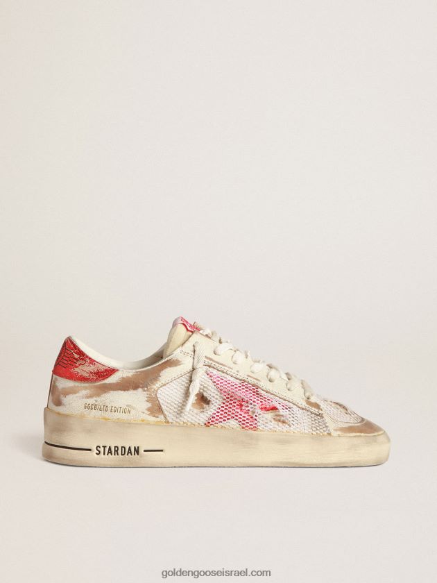 גברים Golden Goose סניקרס מעבדה stardan מעור לבן ורשת עם כוכב עור למינציה אדום 246D24530