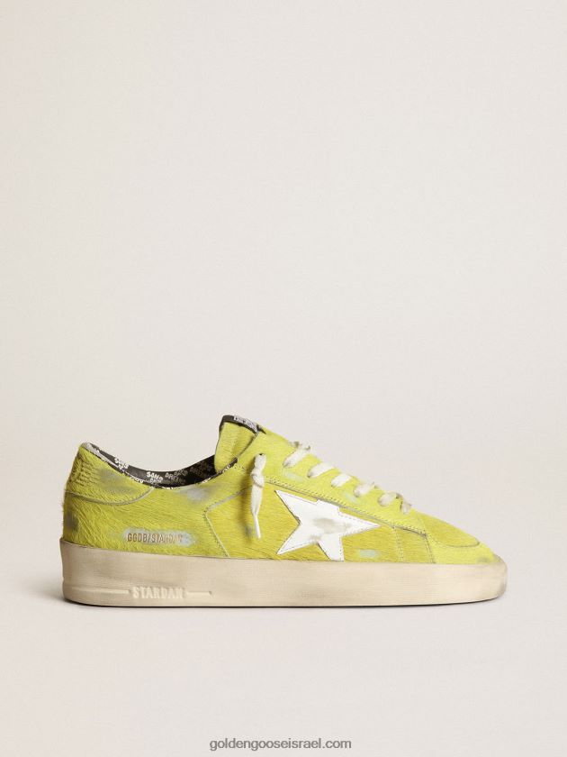 גברים Golden Goose סניקרס stardan בעור פוני צהוב ניאון עם כוכב עור לבן 246D24532