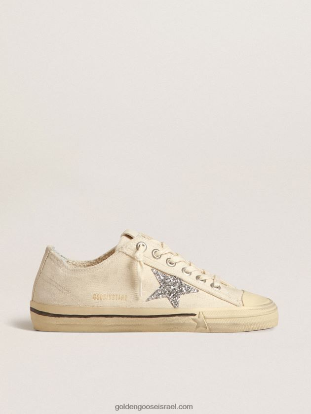 נשים Golden Goose v-star בבד בז' עם כוכב נצנצים כסוף 246D24157