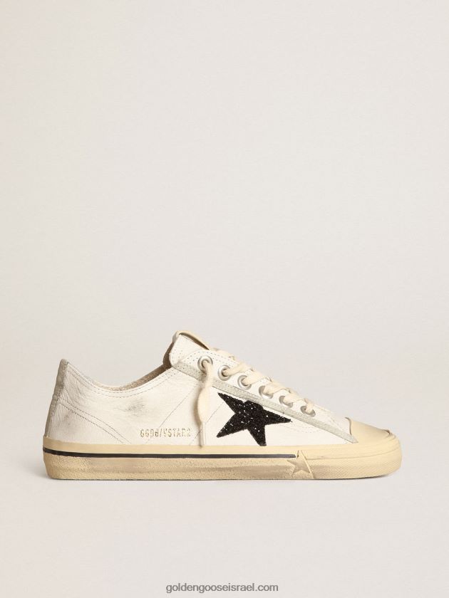 נשים Golden Goose v-star מעור נאפה לבן עם כוכב נצנצים שחור 246D24158