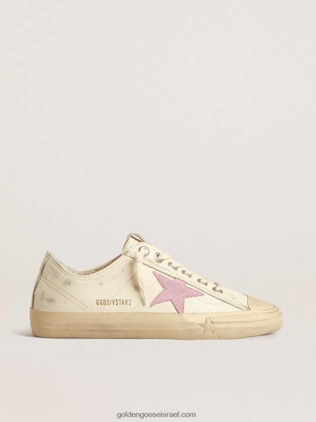 נשים Golden Goose v-star מעור נאפה בז' עם כוכב זמש ורדרד ישן 246D24169