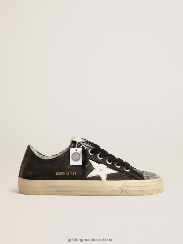 נשים Golden Goose v-star מעור נאפה שחור עם כוכב לבן ובוהן קריסטל סברובסקי 246D24242