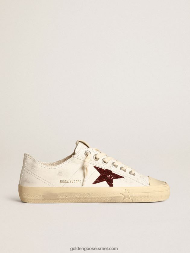 נשים Golden Goose סניקרס v-star מעור נאפה לבן עם כוכב נצנצים אדום 246D2443